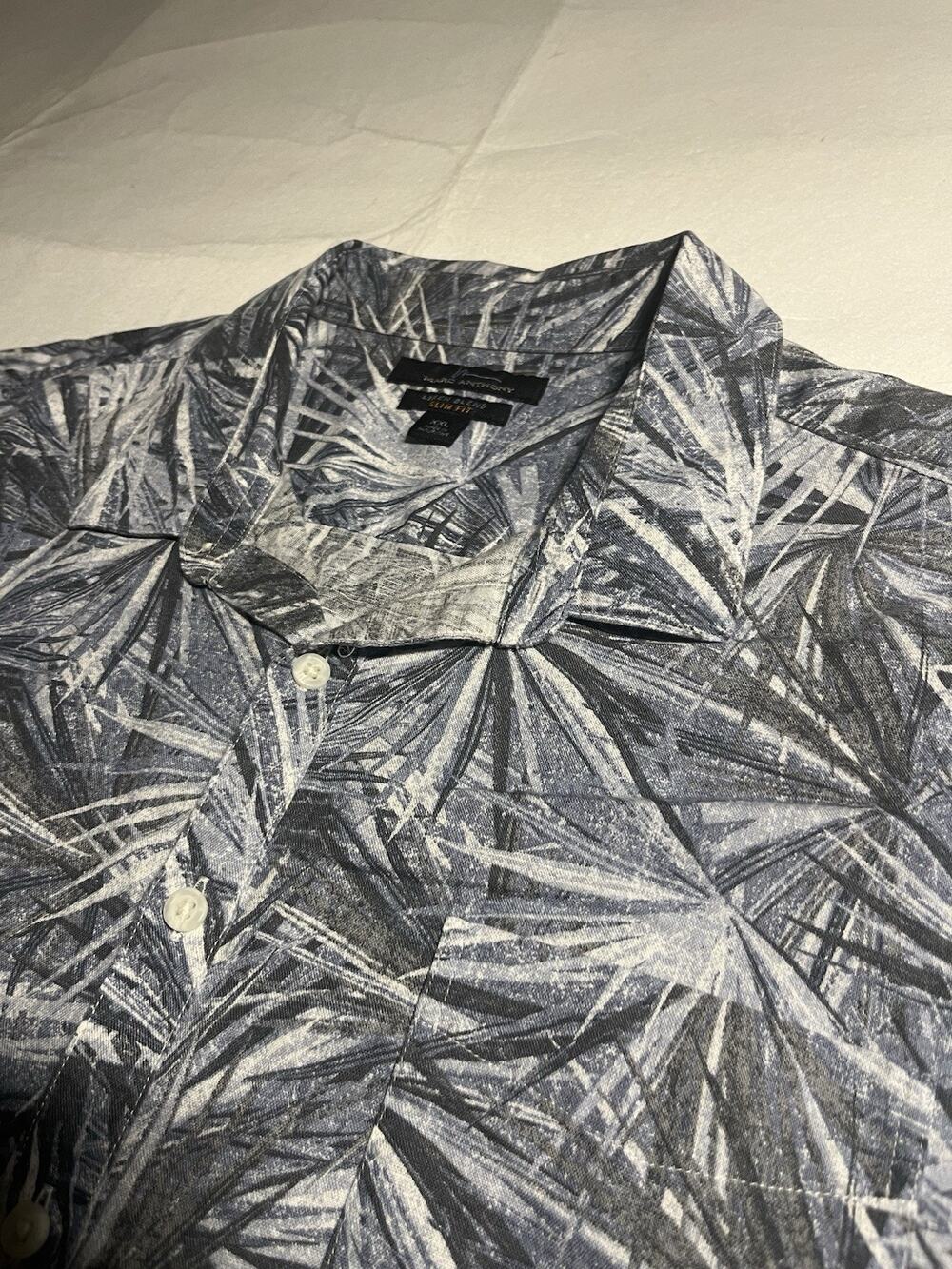 Marc Anthony Mens XXL Linen Blend Slim Fit Tropical Palm Leaf Shirt Short Sleeve